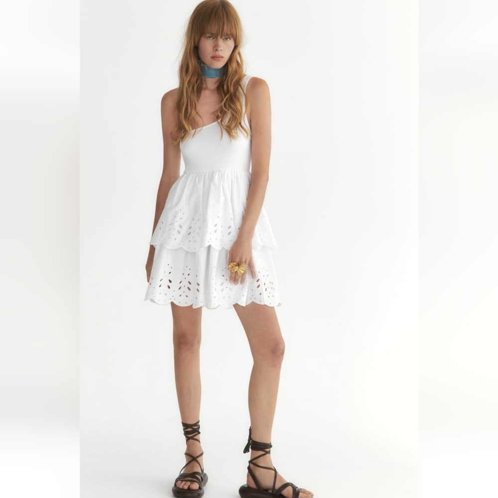 Zara Embroidered Assymetric Dress White Eyelet Size S Small